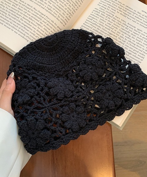 新品クロシェ編み鍵編みウールニット帽ブラック黒イスラーワッチ温かいユニセックス pyornim（ピョルニム） キャップ 帽子 「26年春夏新作」カギ編み