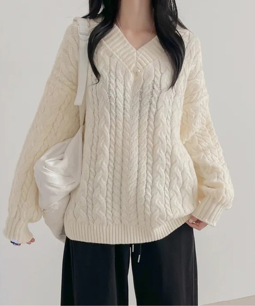 専用ベージュ リブ編み ニットセーター LUCPY ニット セーター ケーブル編みVネックゆるニット／ルーズ