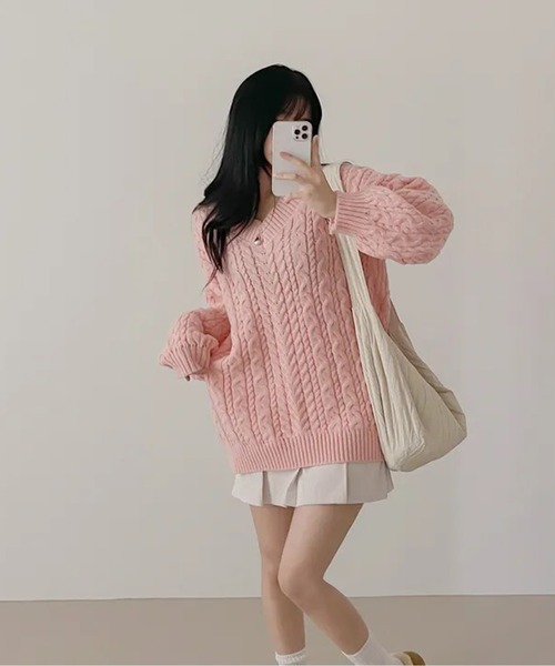 YOPPY様　cube-cube ニットセーター　ピンク LUCPY ニット セーター ケーブル編みVネックゆるニット／ルーズ