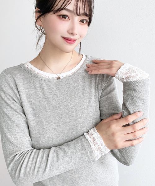 moment+ tシャツ クルーネックレースレイヤード長袖カットソー(無地＋