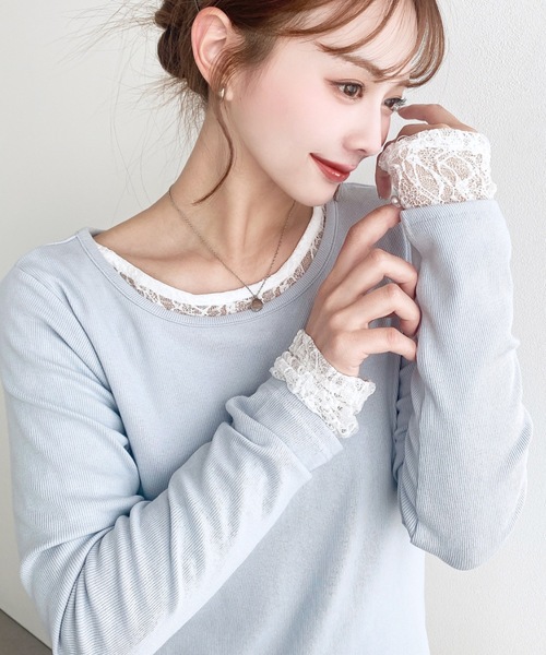 moment+ tシャツ クルーネックレースレイヤード長袖カットソー(無地＋ 