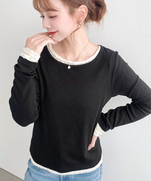 moment+ tシャツ クルーネックレースレイヤード長袖カットソー(無地＋