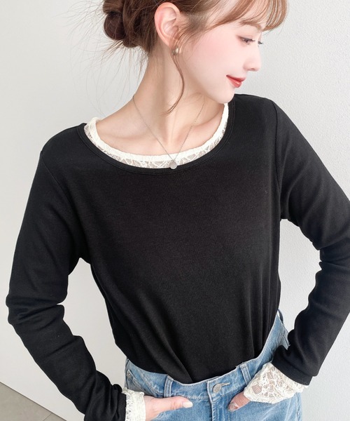 moment+ tシャツ クルーネックレースレイヤード長袖カットソー(無地＋