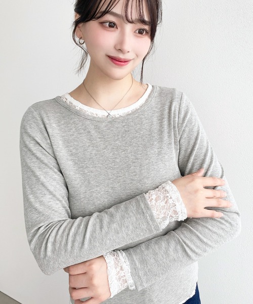 moment+ tシャツ クルーネックレースレイヤード長袖カットソー(無地＋