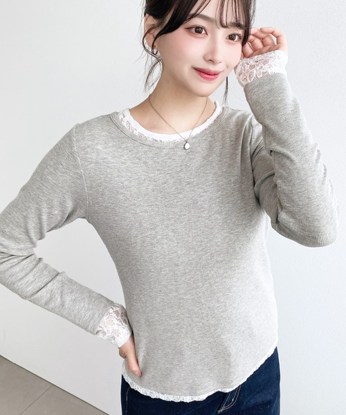 moment+ tシャツ クルーネックレースレイヤード長袖カットソー(無地＋