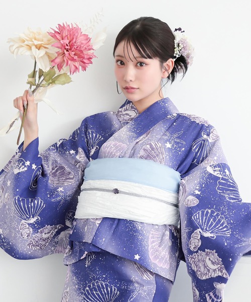 浴衣 女性ゆかた 紺色ｘ紫色ｘピンク色 花模様 ぼかし染め コーマ地 仕付け糸付き 綿 夏物 レディース 仕立て上がり 身丈156cm 【キモノオフ野々市若松店】 KIMONOMACHI 浴衣 レディース : ZOZOTOWN Yahoo!店 - 通販 - Yahoo