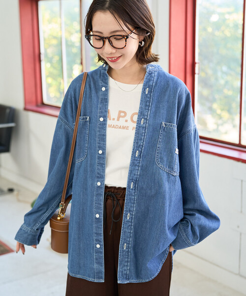 「FREAK'S STORE」 長袖チュニック フリ- ネイビー レディースの画像