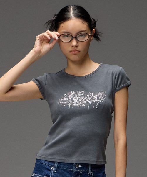 X-girl（エックスガール） tシャツ 半袖 FADED DROP RHINESTONE LOGO S
