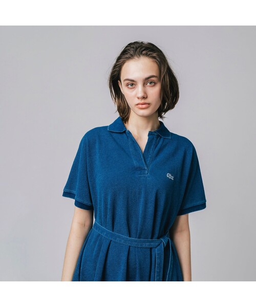 ワンピース シャツワンピース インディゴ鹿の子地ポロドレス 