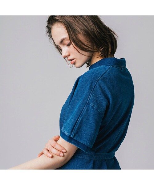 ワンピース シャツワンピース インディゴ鹿の子地ポロドレス 