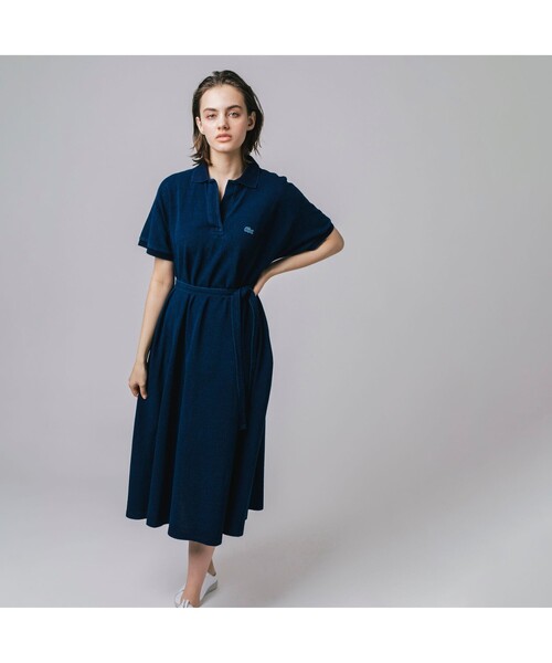 ワンピース シャツワンピース インディゴ鹿の子地ポロドレス 