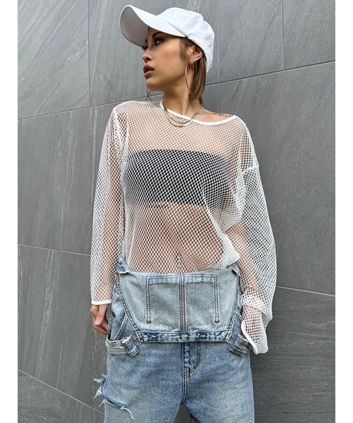 【SALE】 EGOIST tシャツ Tシャツ メッシュ長袖トップス レディース トップス