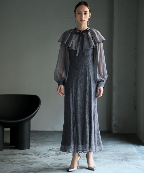 【最終お値下げ】GIRL ケープオケージョンドレス ダークアッシュ GIRL DRESS FOR NOW ドレス 前後2WAYレース×オーガンジーフレア