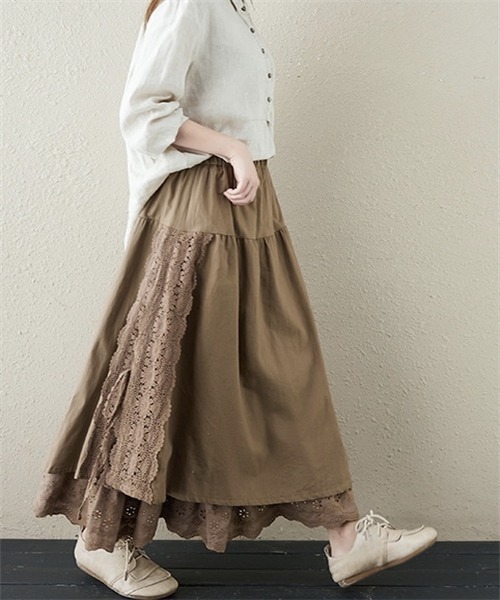 Dream garden（ドリームガーデン） スカート 脇スリットレース付け麻混
