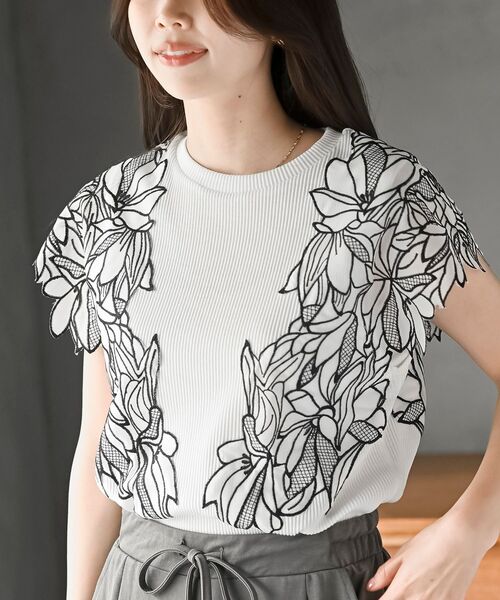 tシャツ フラワーレースリブトップス レディース r・p・s tシャツ フラワーレース袖リブTシャツ レディース