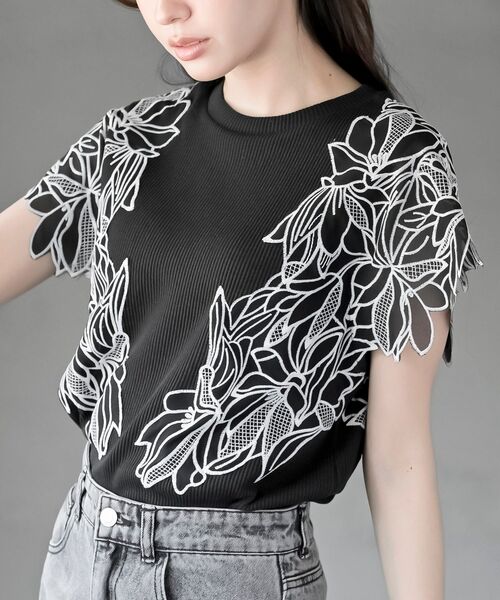 tシャツ フラワーレースリブトップス レディース r・p・s tシャツ フラワーレース袖リブTシャツ レディース