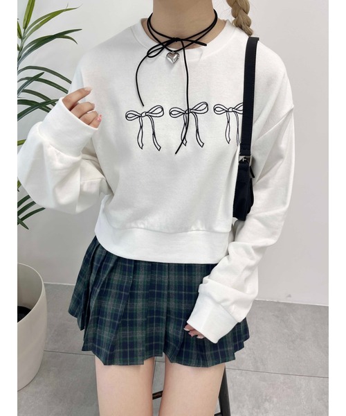 トレーナー スウェット 「PHILLY」リボン刺繍ショートスウェット