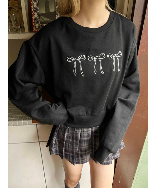 トレーナー スウェット 「PHILLY」リボン刺繍ショートスウェット