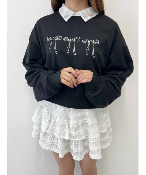 yuhan wang 24AW レースのリボン刺繍スウェットパーカー 新品未使用 Loueme トレーナー スウェット リボン刺繍スウェットトップス