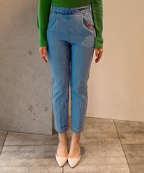 ジーンズ デニム デニムパンツ −3キロハート刺繍デニム レディース