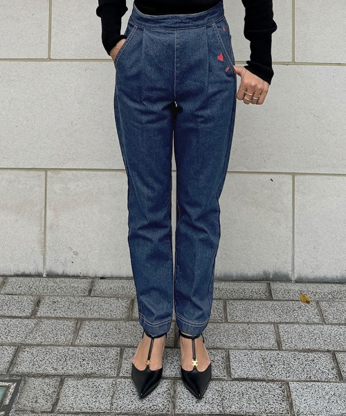 ジーンズ デニム デニムパンツ −3キロハート刺繍デニム レディース