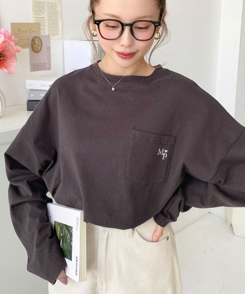 tシャツ 長袖Tシャツ（ロンT）ワンポイント ワッペン レディース ワッフル素材ワンポイントトップス ロングTシャツ ロンT[品番