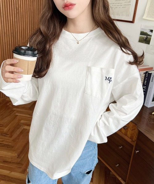 moment+ tシャツ ワンポイント刺繍ポケットロンT レディース