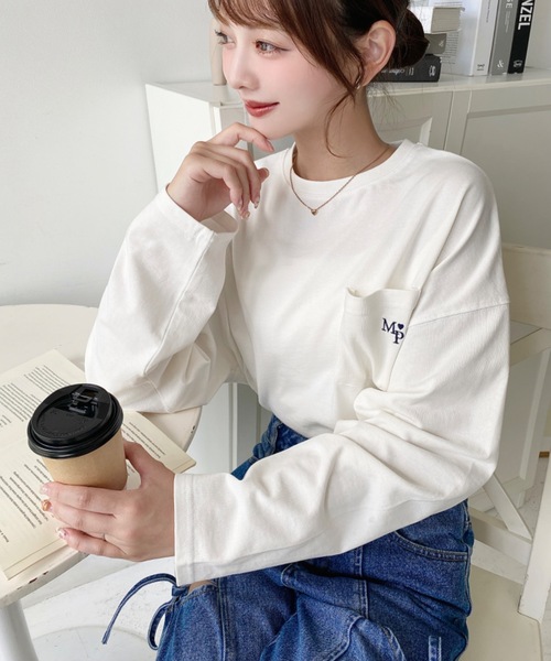 moment+ tシャツ ワンポイント刺繍ポケットロンT レディース