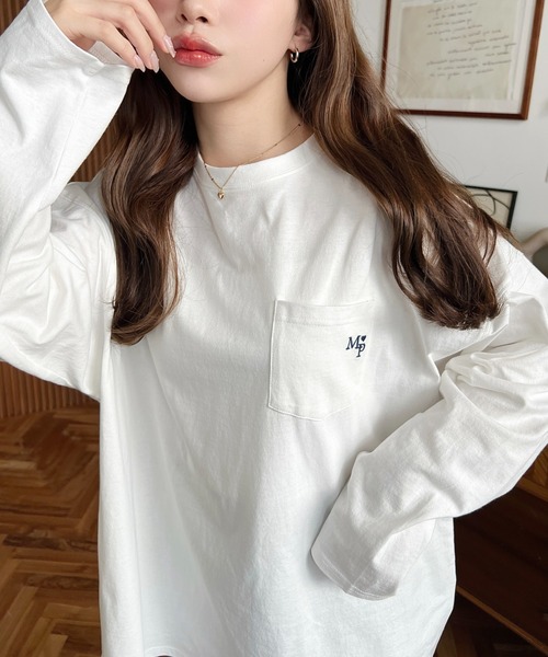 moment+ tシャツ ワンポイント刺繍ポケットロンT レディース