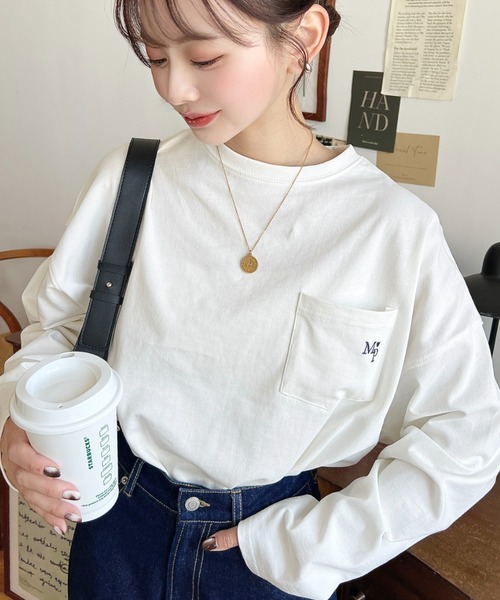 moment+ tシャツ ワンポイント刺繍ポケットロンT レディース
