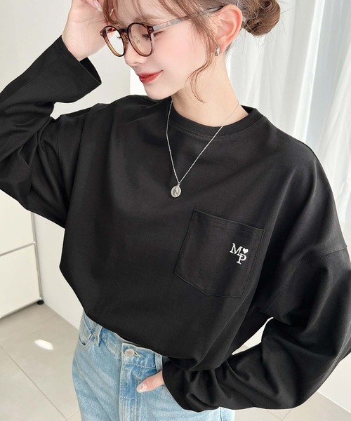 H 刺繍ポケット Tシャツ ブラック サイズ38 moment+ tシャツ ワンポイント刺繍ポケットロンT レディース