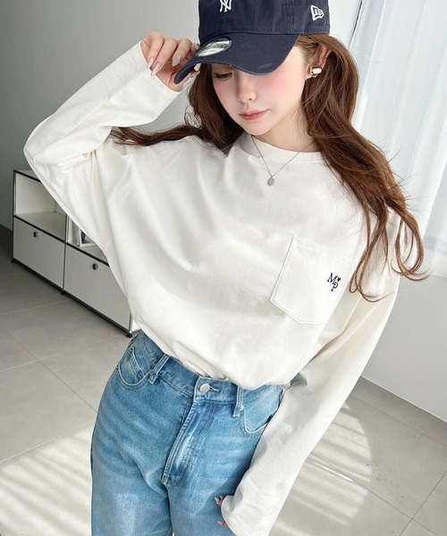 moment+ tシャツ ワンポイント刺繍ポケットロンT レディース