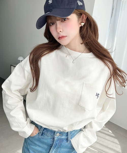 moment+ tシャツ ワンポイント刺繍ポケットロンT レディース