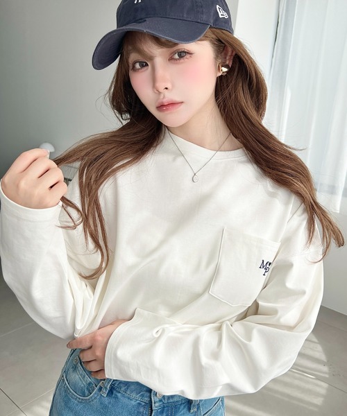 moment+ tシャツ ワンポイント刺繍ポケットロンT レディース