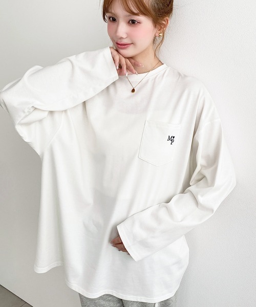 moment+ tシャツ ワンポイント刺繍ポケットロンT レディース