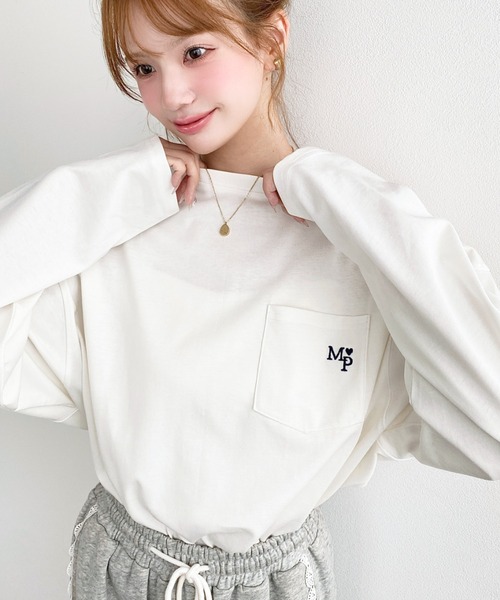 moment+ tシャツ ワンポイント刺繍ポケットロンT レディース