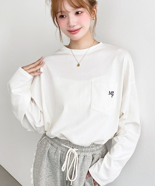 moment+ tシャツ ワンポイント刺繍ポケットロンT レディース