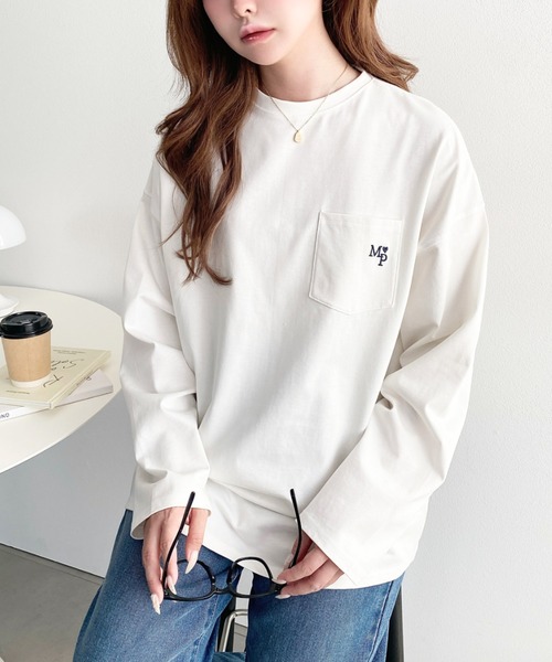 moment+ tシャツ ワンポイント刺繍ポケットロンT レディース