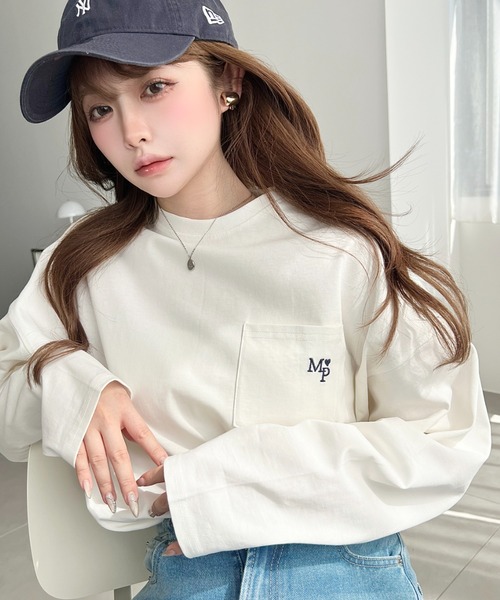 moment+ tシャツ ワンポイント刺繍ポケットロンT レディース