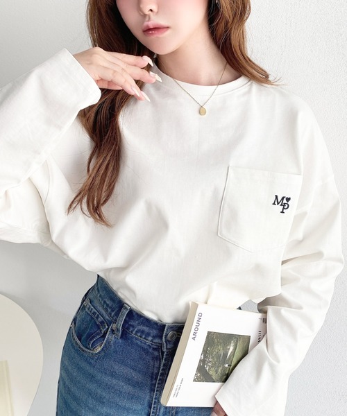 moment+ tシャツ ワンポイント刺繍ポケットロンT レディース