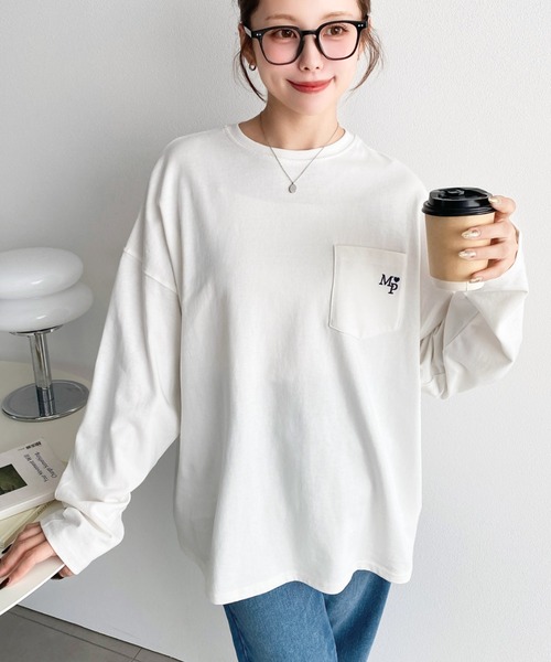 moment+ tシャツ ワンポイント刺繍ポケットロンT レディース