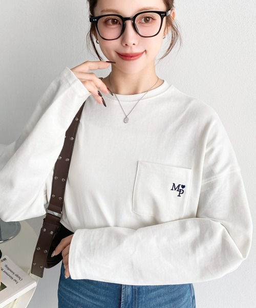 moment+ tシャツ ワンポイント刺繍ポケットロンT レディース