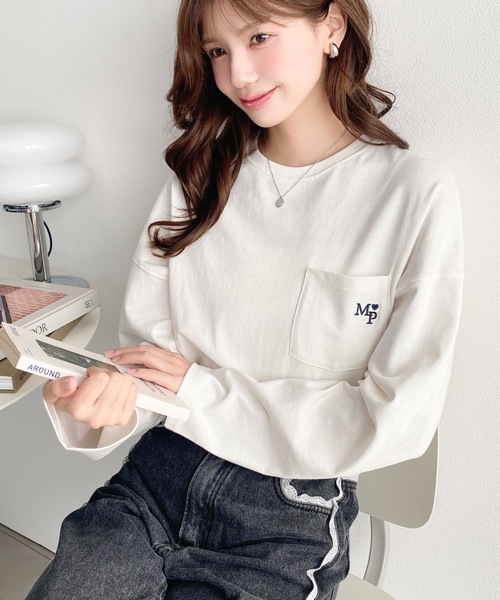 moment+ tシャツ ワンポイント刺繍ポケットロンT レディース