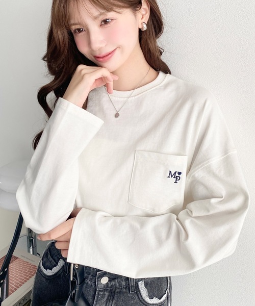 moment+ tシャツ ワンポイント刺繍ポケットロンT レディース