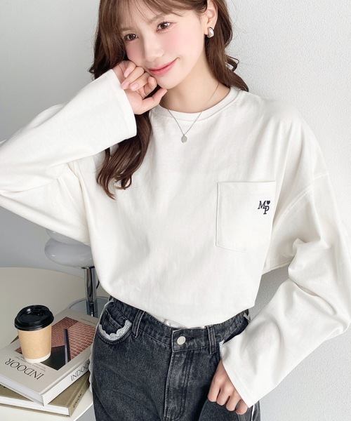 moment+ tシャツ ワンポイント刺繍ポケットロンT レディース