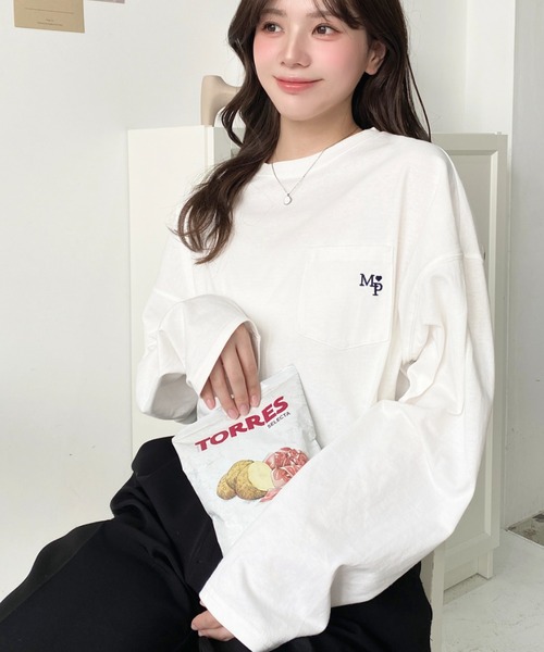 moment+ tシャツ ワンポイント刺繍ポケットロンT レディース
