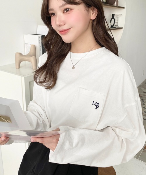 moment+ tシャツ ワンポイント刺繍ポケットロンT レディース
