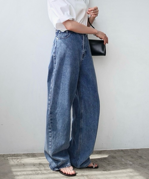 ワイドパンツ ジーンズ デニム デニムパンツ 「新サイズ追加/5サイズ展開」カーブデニムパンツ「S/SP/M/L/XL」 レディースの画像