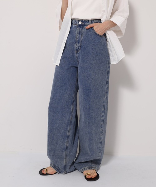 ワイドパンツ ジーンズ デニム デニムパンツ 「新サイズ追加/5サイズ展開」カーブデニムパンツ「S/SP/M/L/XL」 レディースの画像