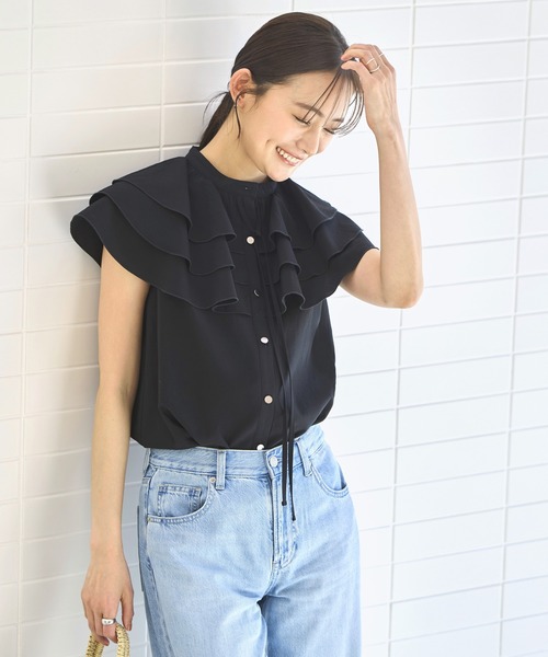 ルルウィルビィ　フリルネック 半袖ブラウス ブラック RUIRUE BOUTIQUE（ルイルエブティック） ブラウス シャツ 半袖 洗える